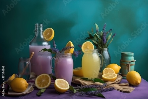  a table topped with jars filled with lemons and lavenders next to lemons and lavenders on a cloth covered table cloth and a blue background.  generative ai