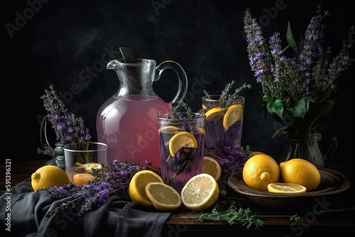  a still life of lemons, lavender, and a pitcher of water on a table with a plate of lemons and lavenders.  generative ai