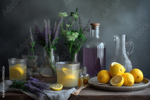  a table topped with a plate of lemons next to a bottle of liquid and a plate of lemons next to a vase with flowers.  generative ai