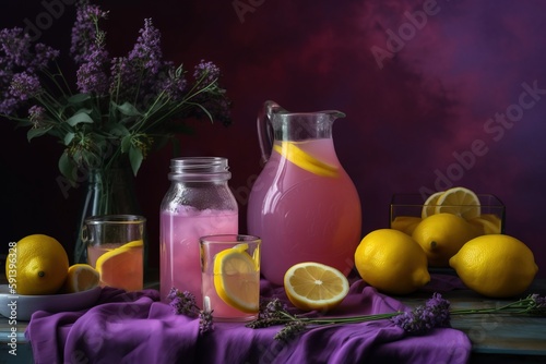  a table topped with a pitcher of lemonade next to a bowl of lemons and a pitcher of water and a bowl of lavenders.  generative ai