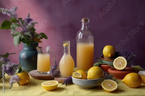  a table topped with a bowl of oranges and a bottle of orange juice next to a bowl of lemons and a vase of flowers.  generative ai