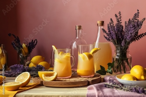  a table topped with lemons and bottles of lemonade next to a bowl of lemons and a bowl of lavenders on a table cloth.  generative ai