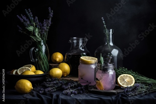  a table topped with jars filled with lemons and lavenders next to a bowl of lemons and a plate of lemons and lavenders.  generative ai