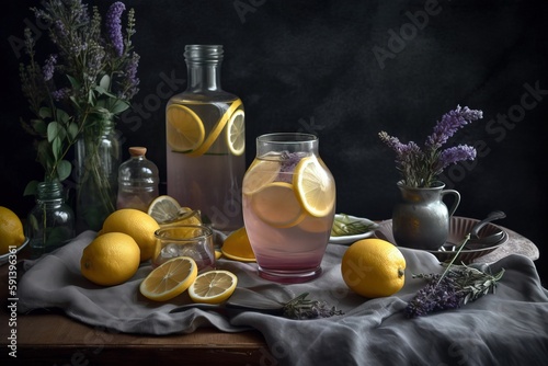  a still life of lemons, lavender and a pitcher of lemonade on a table with a cloth and a pitcher of lemons.  generative ai