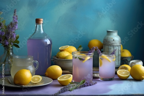  a table topped with lemons and a pitcher of water next to a plate of lemons and a pitcher of lavenders and a glass of water.  generative ai