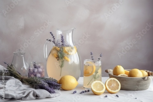 a table topped with a pitcher of lemons and a bowl of lemons next to a bowl of lavenders and lemons next to a pitcher of lemons.  generative ai