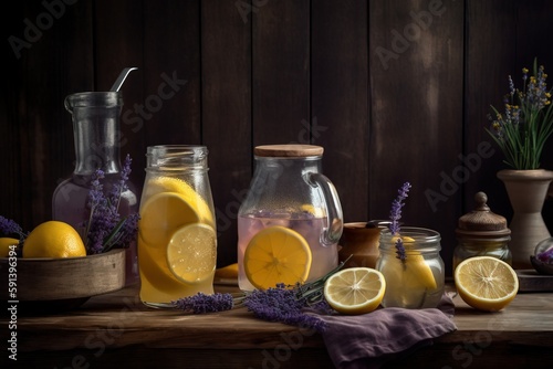  a table topped with jars filled with lemons and lavenders next to a bowl of lemons and a pitcher of lavenders on top of a wooden table.  generative ai