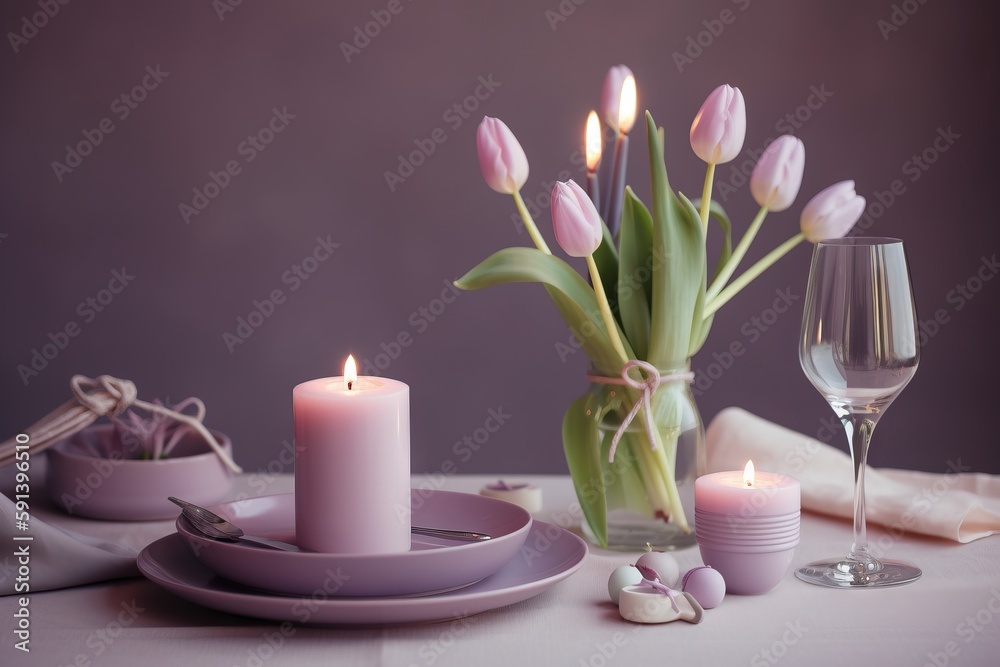 a table with a vase of tulips and a glass of wine and a plate with a candle and a wine glass on it.  generative ai