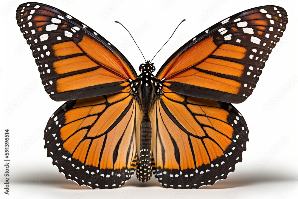 Fototapeta premium colorful butterfly up close on a plain white background. Generative AI