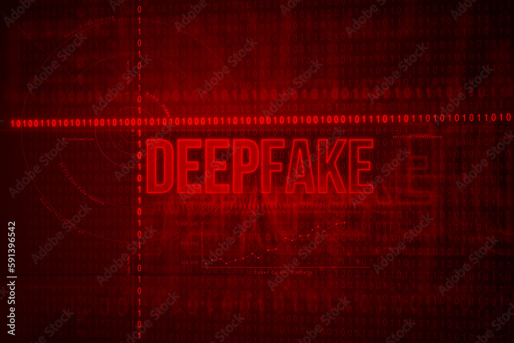 Deepfake. Red screen and element. Deepfake means fake identity of a