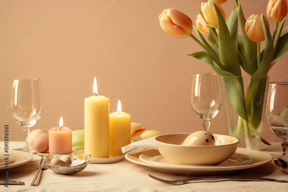  a table set with a bowl of food and a vase of tulips with candles on it and a plate with a bowl of fruit.  generative ai