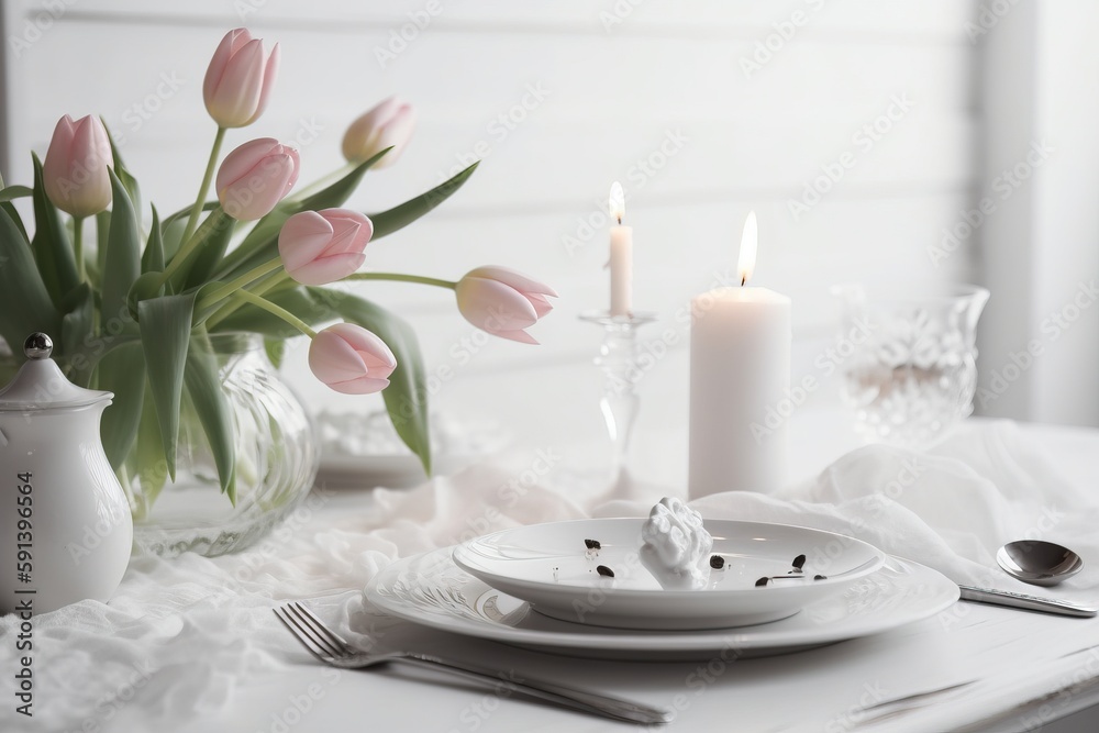  a table with a white plate and a vase with pink tulips and a white candle on it and a white lace tablecloth.  generative ai