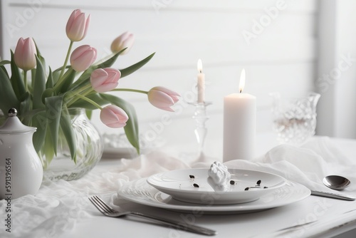  a table with a white plate and a vase with pink tulips and a white candle on it and a white lace tablecloth. generative ai