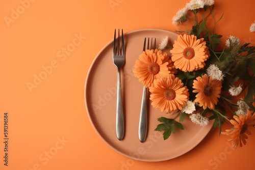  a plate with flowers and a fork on it with a vase of flowers on the side of the plate with the fork resting on the plate.  generative ai