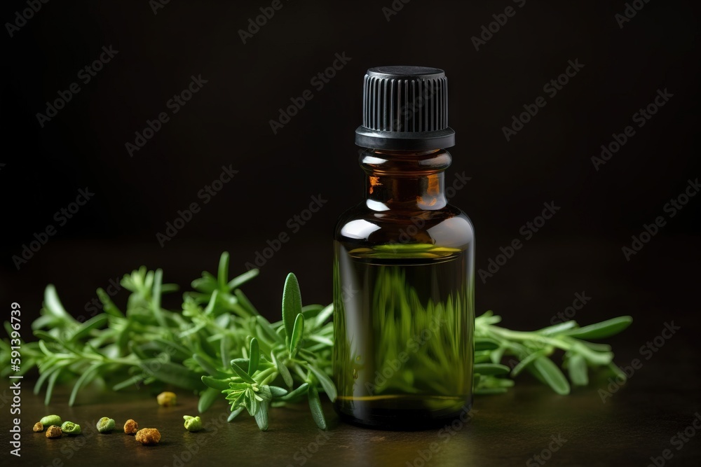 a bottle of essential oils next to a bunch of green leaves on a dark surface with a few tiny buds on the side of the bottle. generative ai a bottle of essential oils next to a bunch of green leaves on a dark surface with a few tiny buds on the side of the bottle. generative ai