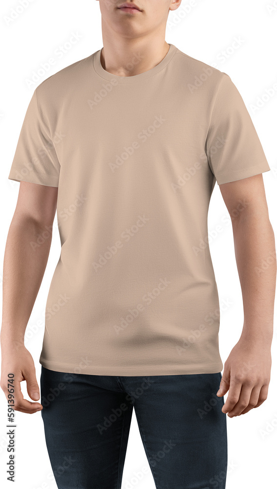 Mockup nude, tan canvas bella t-shirt on guy, png, front view Mockup nude, tan canvas bella t-shirt on guy, png, front view
