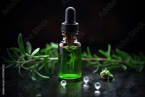  a bottle of essential oil next to a sprig of rosemary on a black surface with drops of water on the surface and a sprig of rosemary.  generative ai