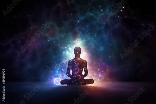  a person sitting in a lotus position in front of a colorful background with stars and a bright light in the middle of the image, with a black background. generative ai