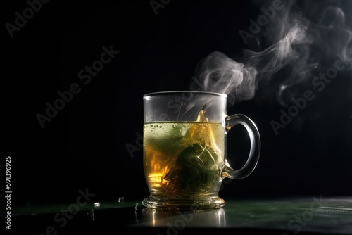  a cup of tea with steam rising out of it on a table with a black background and a green leaf in the middle of the cup. generative ai