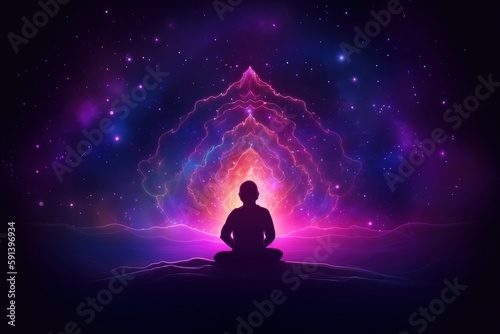  a person sitting in the middle of a room with a purple and blue background and a star filled sky in the middle of the room. generative ai