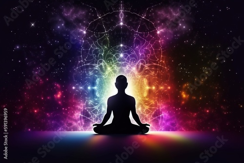  a person sitting in a lotus position in front of a colorful background with stars and a light source in the middle of the image,. generative ai