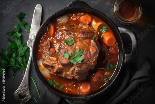  a pot of stew with carrots, meat, and parsley on a black surface with a spoon and a glass of wine on the side. generative ai