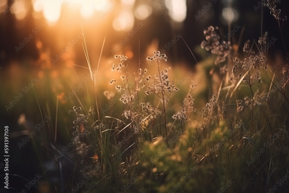 a field of grass with the sun shining through the trees in the background and the grass in the foreground is covered in tiny white flowers. generative ai a field of grass with the sun shining through the trees in the background and the grass in the foreground is covered in tiny white flowers. generative ai