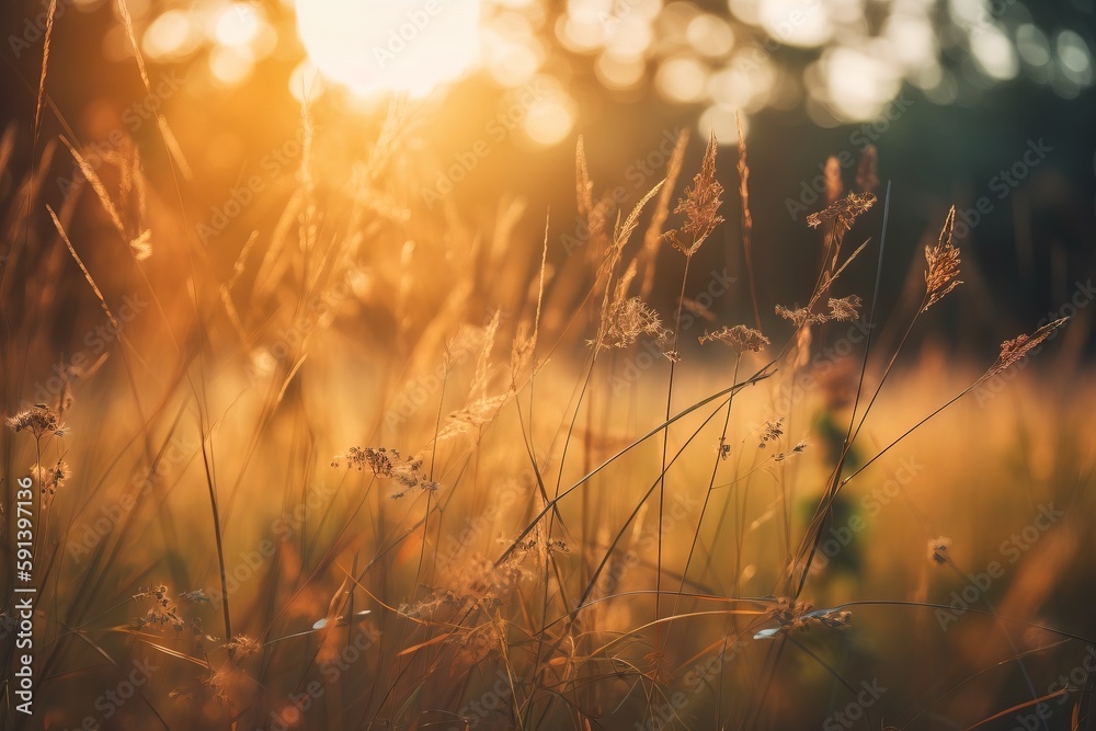 a field of tall grass with the sun shining through the trees in the background and a blurry photo of the grass in the foreground. generative ai a field of tall grass with the sun shining through the trees in the background and a blurry photo of the grass in the foreground. generative ai