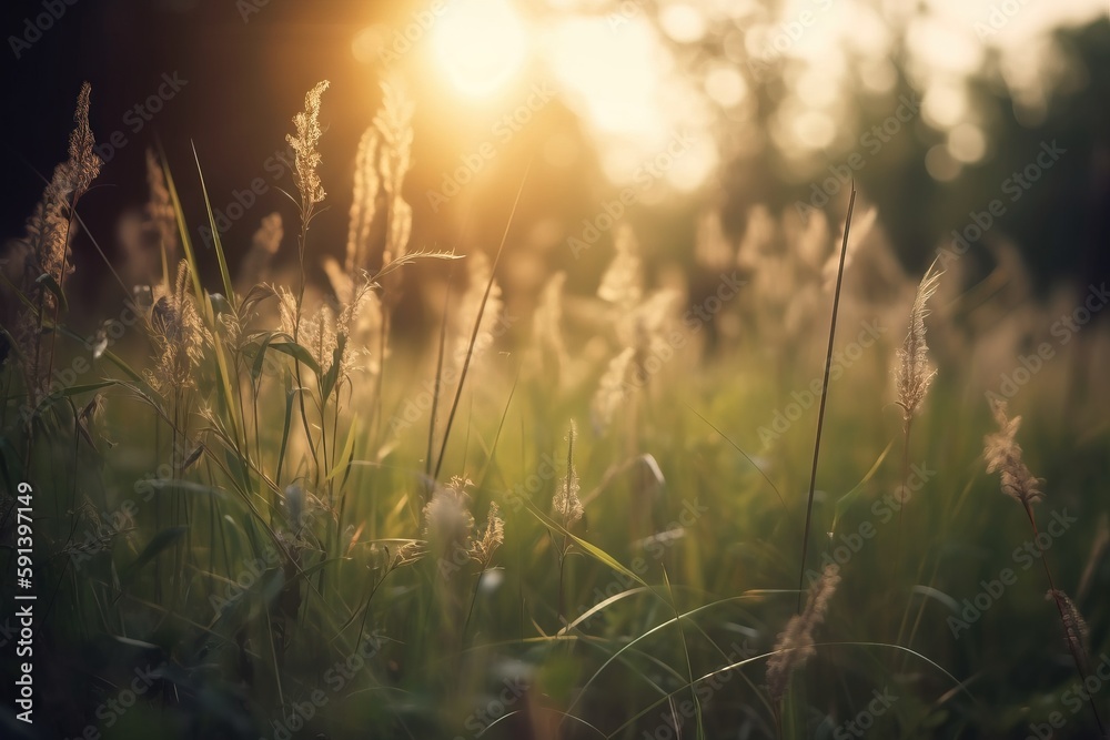  a field of grass with the sun shining through the trees in the background and the grass blowing in the wind in the foreground, with the sun shining through the grass.  generative ai