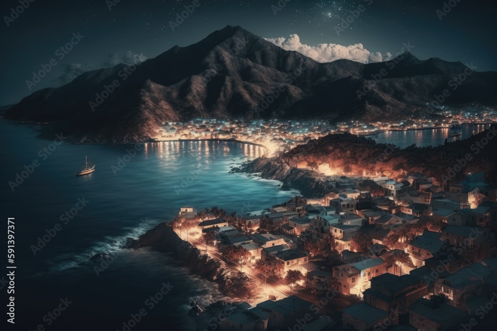 Naklejka premium bustling city skyline lit up at night from an aerial perspective. Generative AI