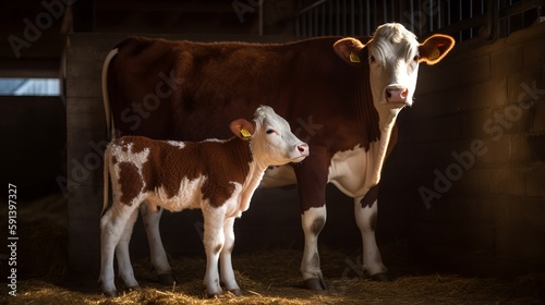 Hereford Cow with calf in a barn photo