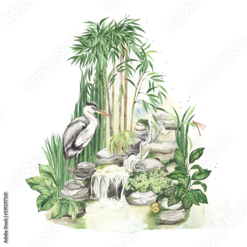 Obraz Tropical scenery with heron bird, dragonfly and snail, beautiful landscape waterfall, bamboo and other plants, wildlife watercolor illustration for your wallpaper, poster or travel invitation card.