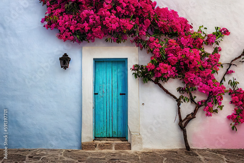 Murais de parede Old blue door with blooming pink bougainvillea in a European town, generative AI