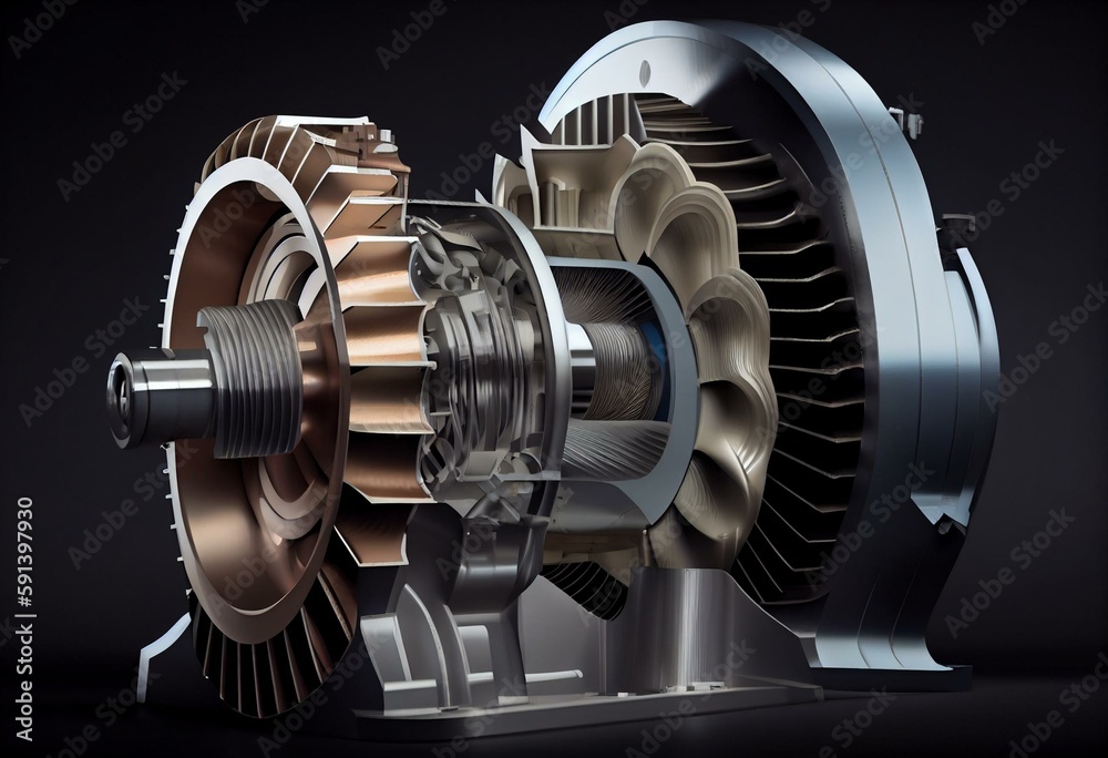 Render Rotor Cutaway concept of a water turbine. Rotor and stator of a power plant ...