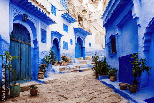 Old houses in the famous Chefchaouen Blue Town in Morocco, generative AI © SvetlanaSF