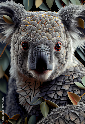 A complex, multi-layered pattern of interlocking shapes that resembles a Koala face. Generative AI technology.	 photo