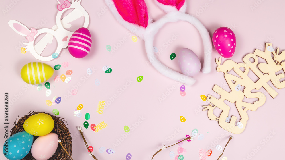 Art Happy Easter concept. Frame of Easter eggs, greeting card and on pink background. Flat lay, top view, banner