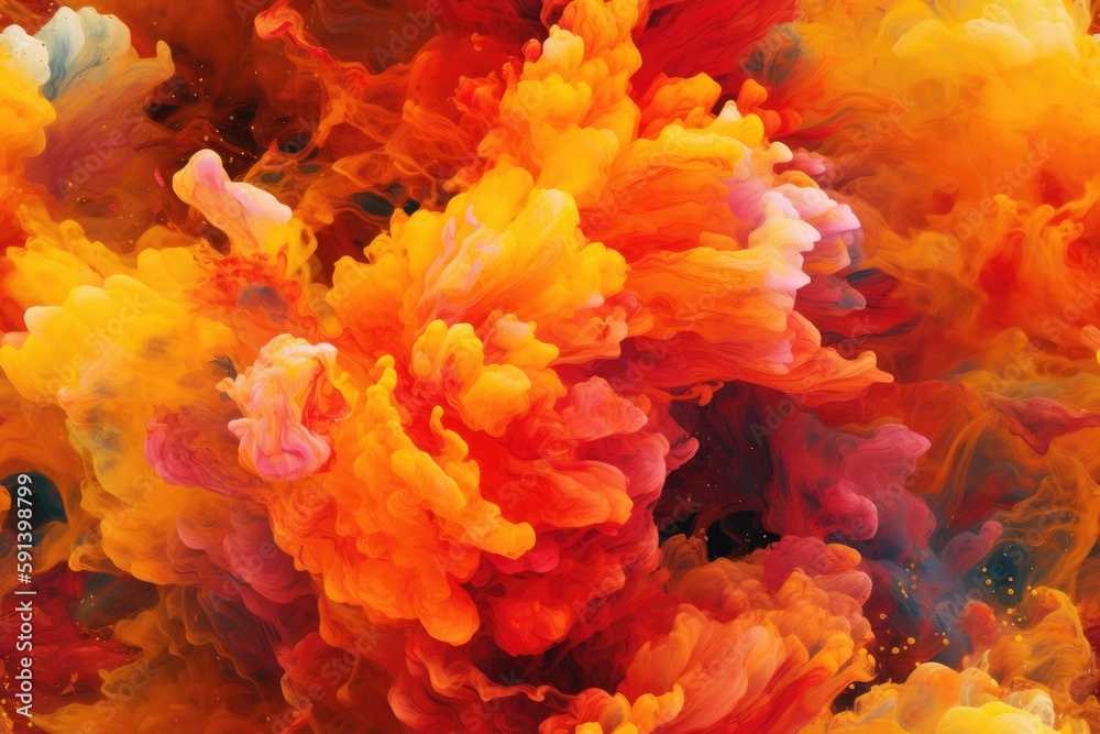 Fototapeta premium Red, Orange, and Yellow Exploding Clouds of Color Underwater Oil Colors Seamless Repeating Repeatable Texture Pattern Tiled Tessellation Background Image