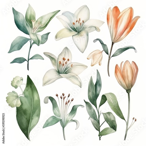 Serenity in Nature. Lilies Realistics Watercolor Flora and Fauna Illustration. AI Generated