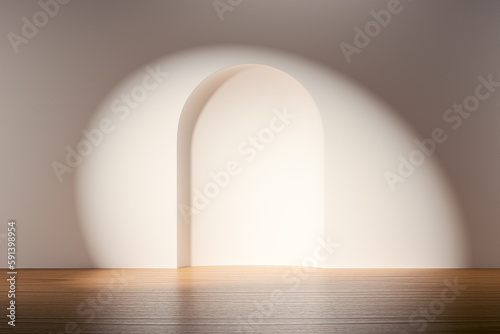 3d scene background with wooden floor over white wall illuminated by round spot light