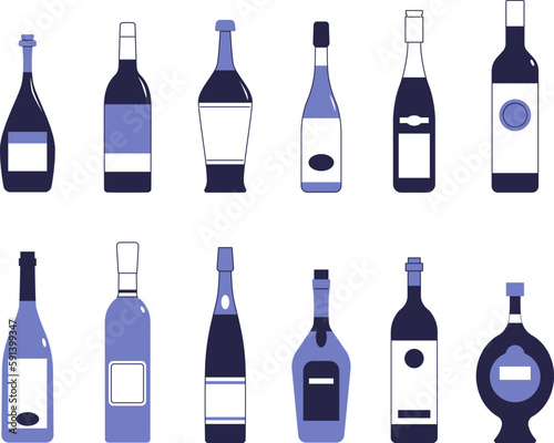 Various bottles of wine. A set of vector images of objects.