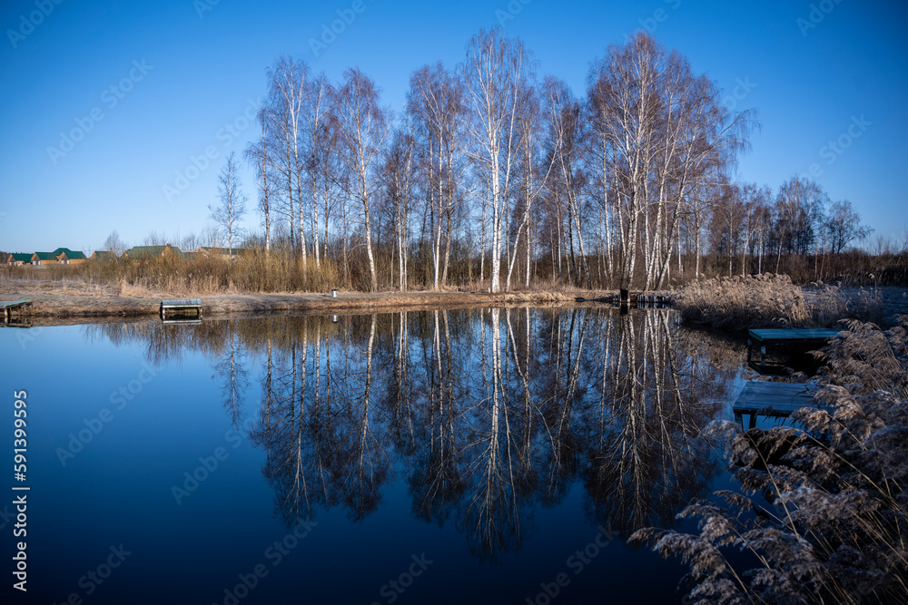 Obraz premium spring landscape with a lake and reflection of trees in the water on a sunny day