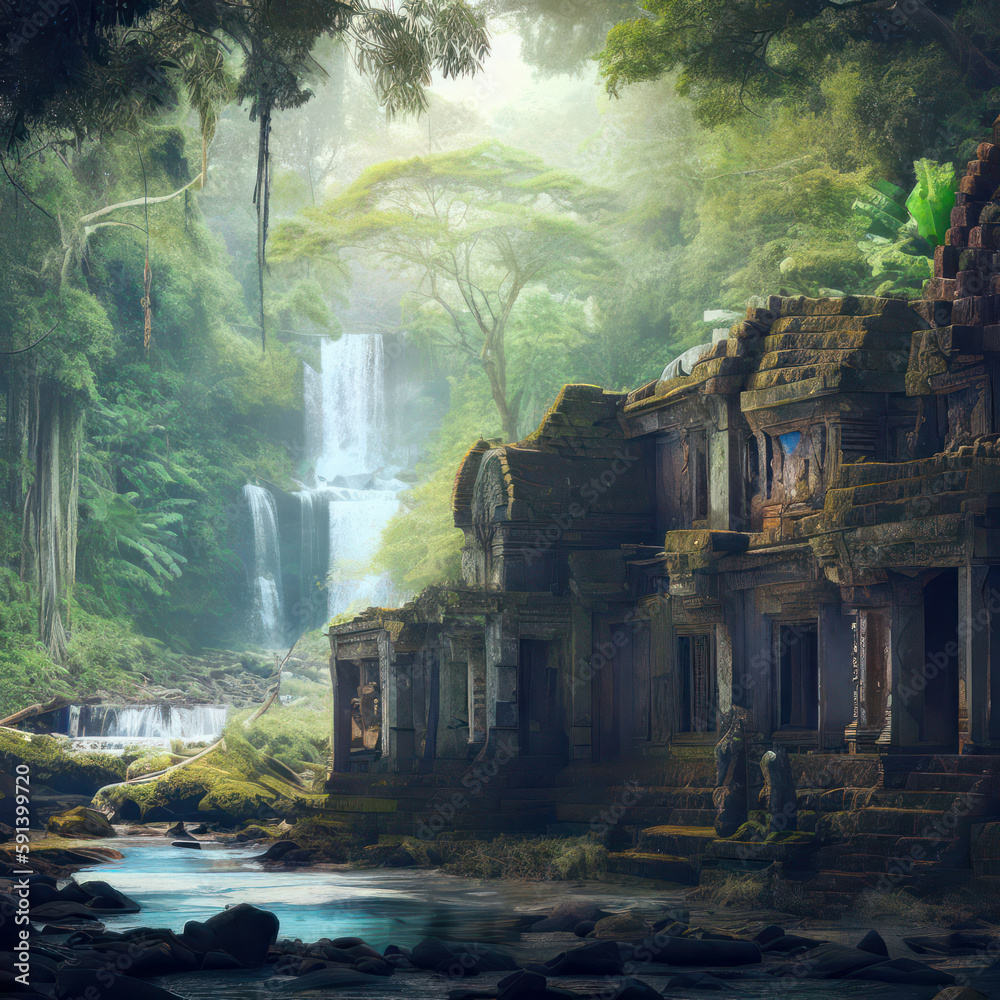 Stone temple ruins covered with moss and a waterfall in a jungle, generative AI Stone temple ruins covered with moss and a waterfall in a jungle, generative AI