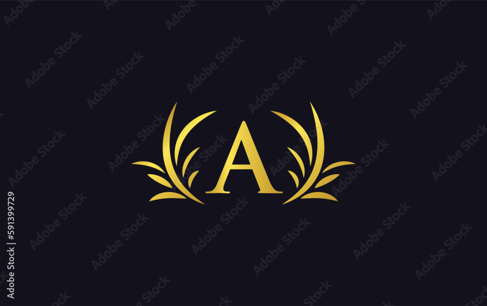 Golden laurel wreath leaf logo design vector with the letters and alphabets and bamboo leaf Golden laurel wreath leaf logo design vector with the letters and alphabets and bamboo leaf