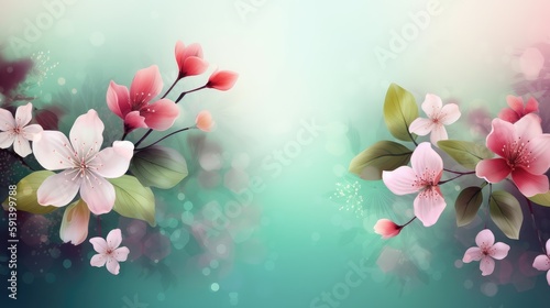 Spring flower and green leaves frame on light blue background. generative Ai © Areerat