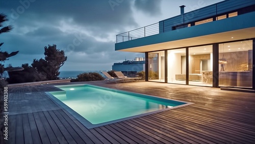 Luxury Modern House with Swimming Pool and Deck, Generated by AI © Digital Dreamscape