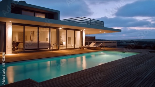 Luxury Modern House with Swimming Pool and Deck, Generated by AI © Digital Dreamscape