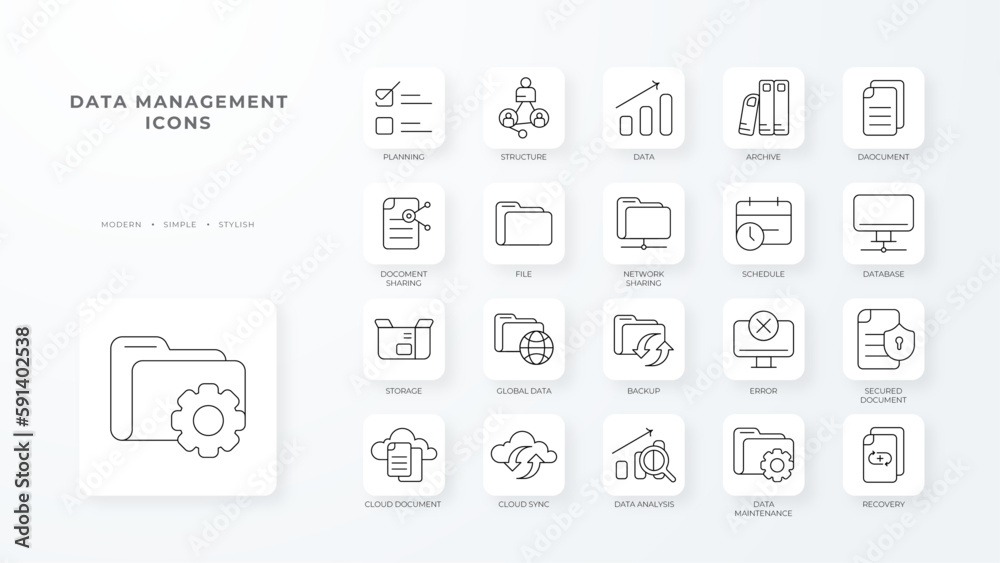Data management icons collection with black outline style. growth, management, marketing, optimization, organization, planning, portfolio. Vector Illustration