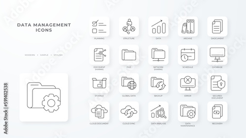 Data management icons collection with black outline style. growth, management, marketing, optimization, organization, planning, portfolio. Vector Illustration