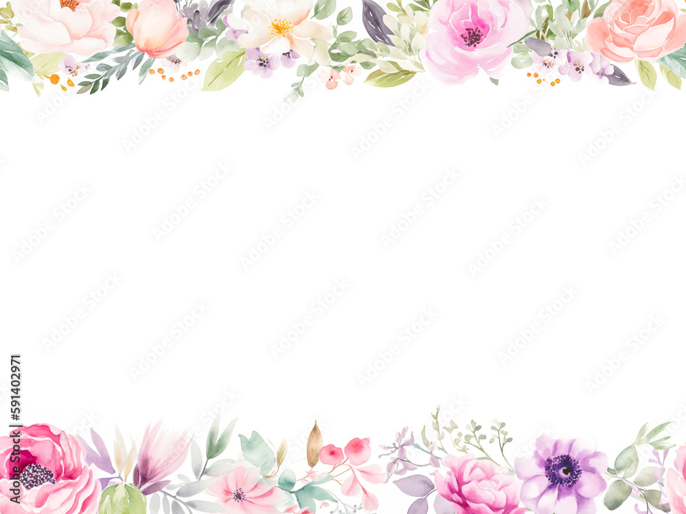Floral frame with spring lovely flowers, in the style of soft and dreamy, subtle use of color, colorful arrangements, Watercolor flowers border with copy space on white background, Generative AI